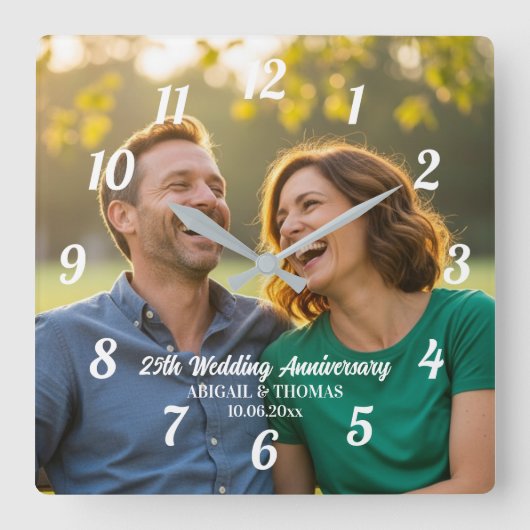 自分たちのカップル写真を追加 25周年結婚記念日 スクエア壁時計 (正面)