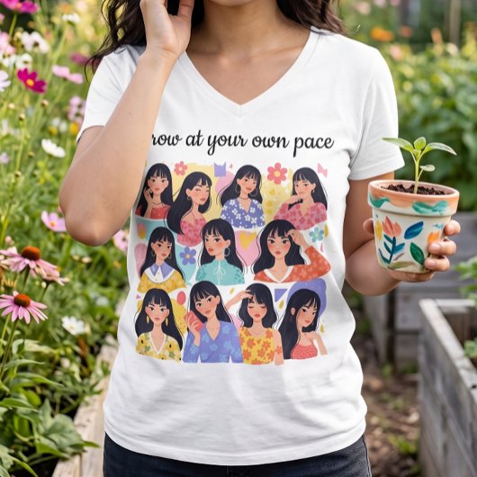 自分だけのペースで成長する花柄女性の肖像スウェット Tシャツ