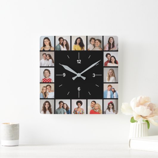 自分だけのモノクロ16枚写真コラージュを作成 スクエア壁時計 (ホーム)
