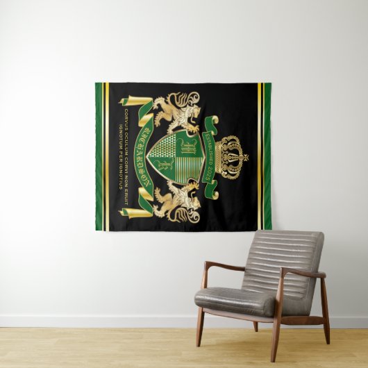 自分だけの家紋を作ろう 緑と金のライオンエンブレム タペストリー (インサイチュ(横))