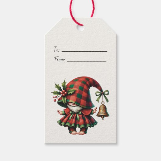 自分だけの恥ずかしがりなクリスマスのプレイドの小人とベルを作る ギフトタグ (正面)
