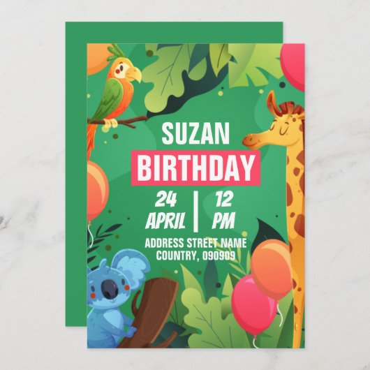 自分で作るカスタムカワイイ動物子供の誕生日 招待状 (正面/裏面)