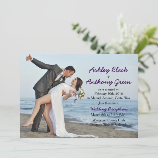 自分で写真を追加 ビーチ ウェディング レセプションのみ 招待状 (スタンド正面)