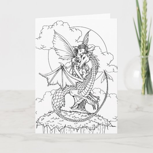 自分で色を塗る妖精とドラゴンの絵 カード (正面)