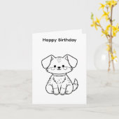 自分で色付けできる誕生日カードの犬デザイン カード (黄色い花)