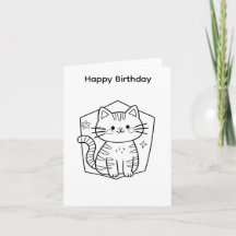 自分で色付けできる誕生日カードの猫デザイン