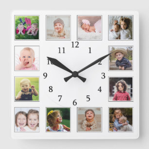 自分で12人の家族の子どもを作る写真コラージュホワイト スクエア壁時計