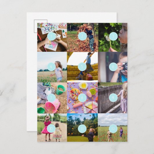 自分で12枚の写真を追加できる カスタマイズ可能なカード インビテーションポストカード (正面/裏面)