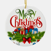 自分で「聖降誕祭お目出とう」というオーナメントを持っている セラミックオーナメント (正面)