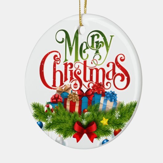 自分で「聖降誕祭お目出とう」というオーナメントを持っている セラミックオーナメント (左)