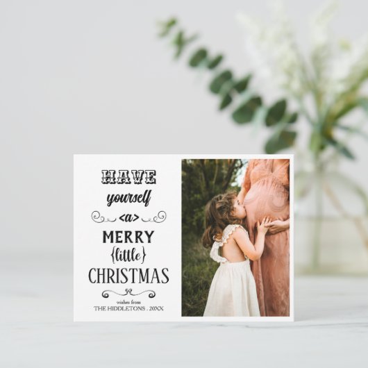 自分に小さなメリークリスマスタイポグラフィを持つ シーズンポストカード (スタンド正面)