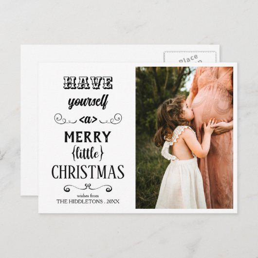 自分に小さなメリークリスマスタイポグラフィを持つ シーズンポストカード (正面/裏面)