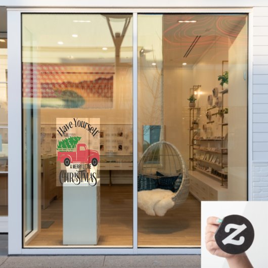 自分に小さなメリークリスマスツリーを持っている ウィンドウサイン (店舗窓)