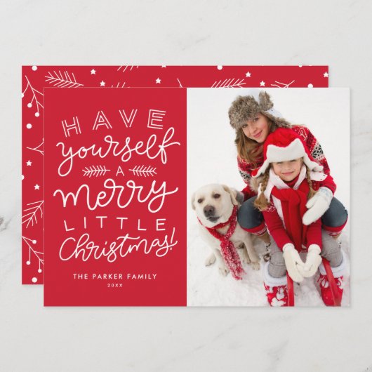 自分に小さなメリークリスマスレッドの写真を持っている シーズンカード (正面/裏面)