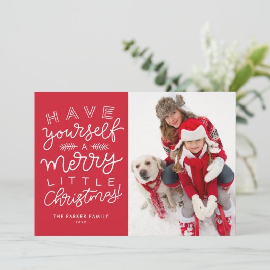 自分に小さなメリークリスマスレッドの写真を持っている シーズンカード (スタンド正面)