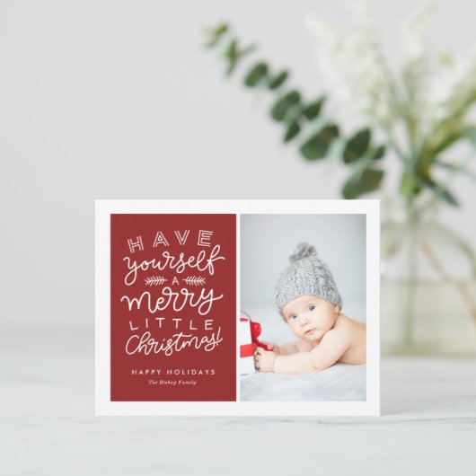 自分に小さなメリークリスマスレッドの写真を持っている シーズンポストカード (スタンド正面)