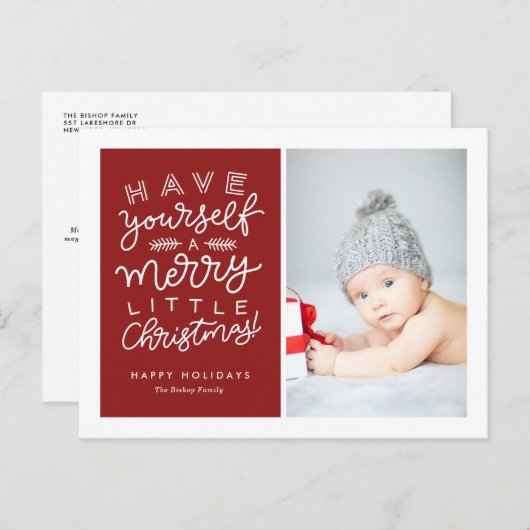 自分に小さなメリークリスマスレッドの写真を持っている シーズンポストカード (正面/裏面)