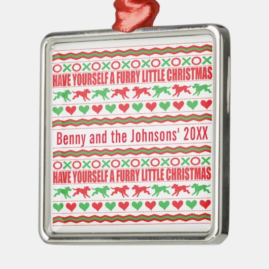 自分に毛皮の小さなクリスマスドッグを持っている メタルオーナメント (左)