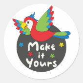 自分のかわいいおもしろいカラフルの飛んでいるオウム ラウンドシール (正面)