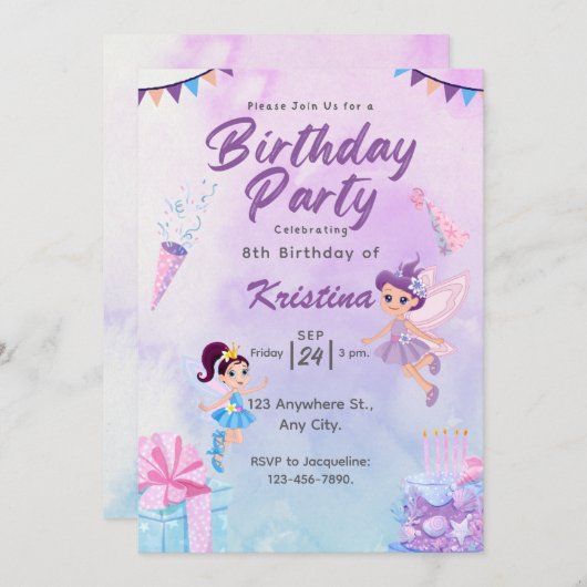 自分のを作カスタム成する女の子かわいい妖精誕生日 招待状 (正面/裏面)