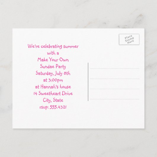 自分のアイスクリームサンデーパーティの招待状 インビテーションポストカード (裏面)