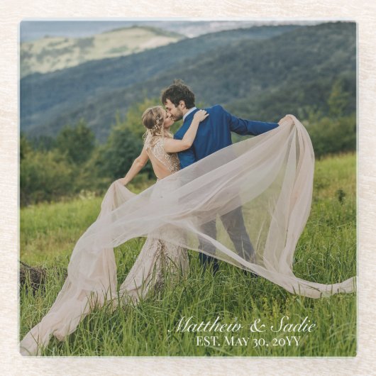 自分のエレガントなカスタム結婚写真を作成する ガラスコースター (正面)