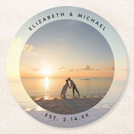 自分のエレガントなカスタム結婚写真を作成する ラウンドペーパーコースター (正面)