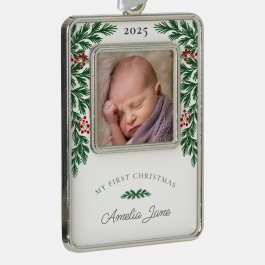 自分のエレガント初めてのクリスマス写真 シルバープレートフレームオーナメント (右)