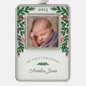 自分のエレガント初めてのクリスマス写真 シルバープレートフレームオーナメント (正面)