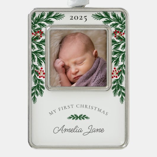 自分のエレガント初めてのクリスマス写真 シルバープレートフレームオーナメント (正面)
