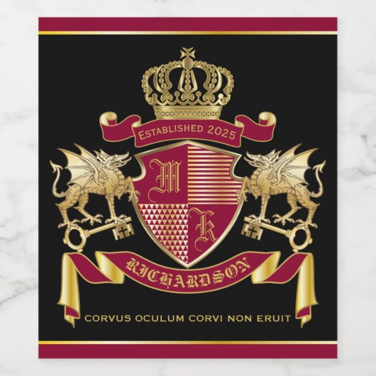 自分のコートを作る腕の赤い金ゴールドドラゴンエンブレム ワインラベル (シングルラベル)