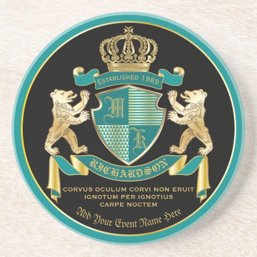 自分のコートを腕のティール(緑がかった色)金ゴールドのエンブレムにする コースター (正面)