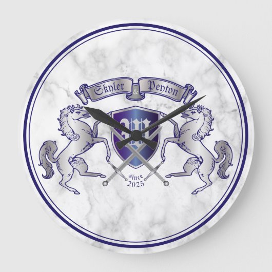 自分のコートを銀の馬の盾にする ラージ壁時計 (正面)