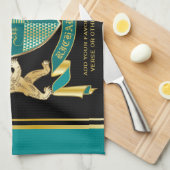 自分のコート·オブ·アームズのティール(緑がかった色)金ゴールドの紋章 キッチンタオル (四つ折り)