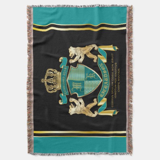 自分のコート·オブ·アームズのティール(緑がかった色)金ゴールドの紋章 スローブランケット (正面縦)