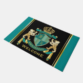 自分のコート·オブ·アームズのティール(緑がかった色)金ゴールドの紋章 ドアマット (アングル)