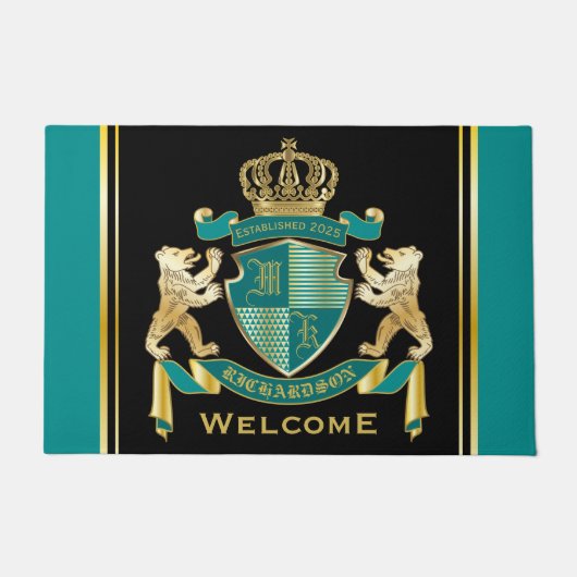 自分のコート·オブ·アームズのティール(緑がかった色)金ゴールドの紋章 ドアマット (正面)