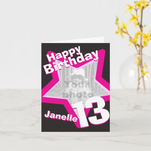 自分のスターフォトピンク13th誕生日カードを追加 カード (黄色い花)