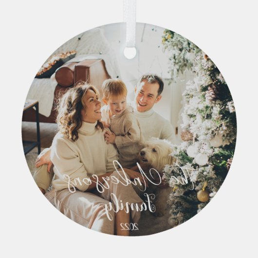 自分のタイポグラフィを作成する家族の写真クリスマス ガラスオーナメント (裏面)