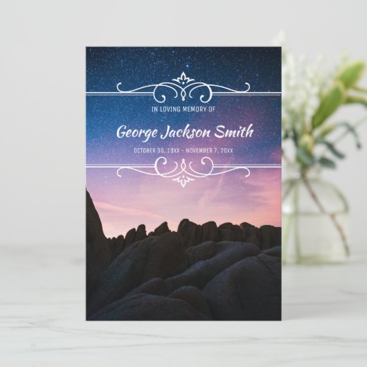 自分のフォトメモリアルサービスの夜空を追加 招待状 (スタンド正面)
