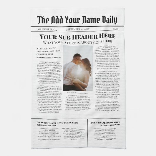 自分のフロントページニュース記事の写真パーソナライズされた キッチンタオル (縦)