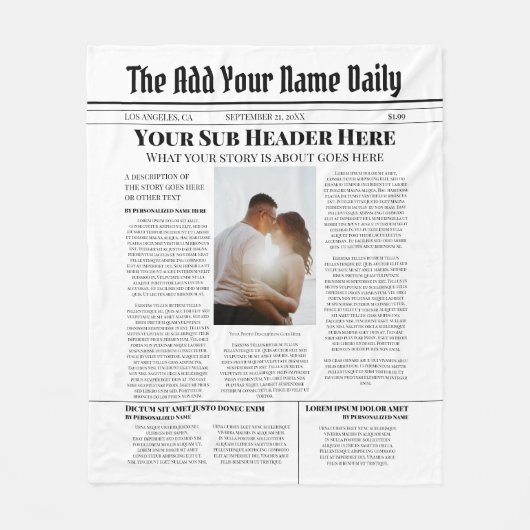 自分のフロントページニュース記事の写真パーソナライズされた フリースブランケット (正面)