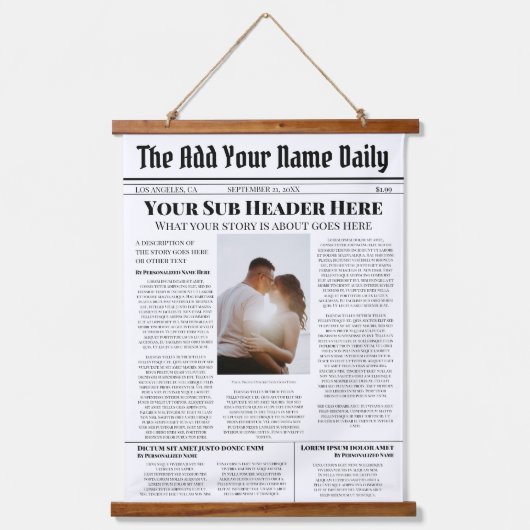 自分のフロントページニュース記事の写真パーソナライズされた 吊り下げ型タペストリー (正面)