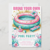 自分のプールパーティー ピンク ターコイズ グリッター 招待状 (正面)