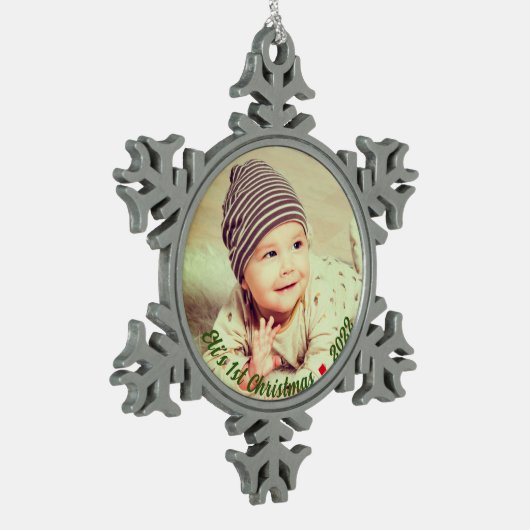 自分のベビー写真パーソナライズされたのクリスマスを作成 スノーフレークピューターオーナメント (左)