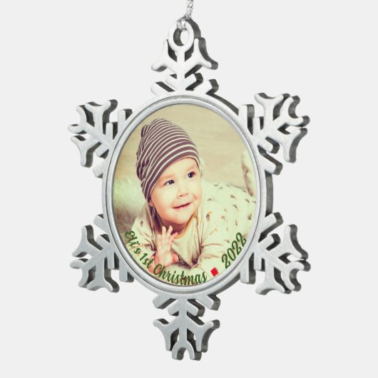 自分のベビー写真パーソナライズされたのクリスマスを作成 スノーフレークピューターオーナメント (右)