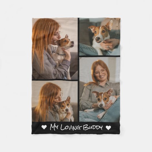 自分のペット犬を作成する4フォトコラージュ黒 フリースブランケット (正面)
