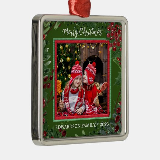 自分のメリークリスマスの家族の写真を作成する メタルオーナメント (右)