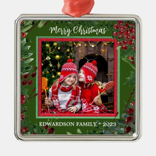 自分のメリークリスマスの家族の写真を作成する メタルオーナメント (正面)