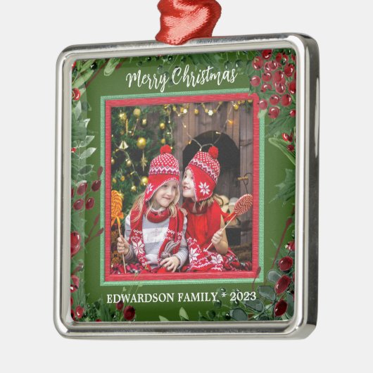 自分のメリークリスマスの家族の写真を作成する メタルオーナメント (左)